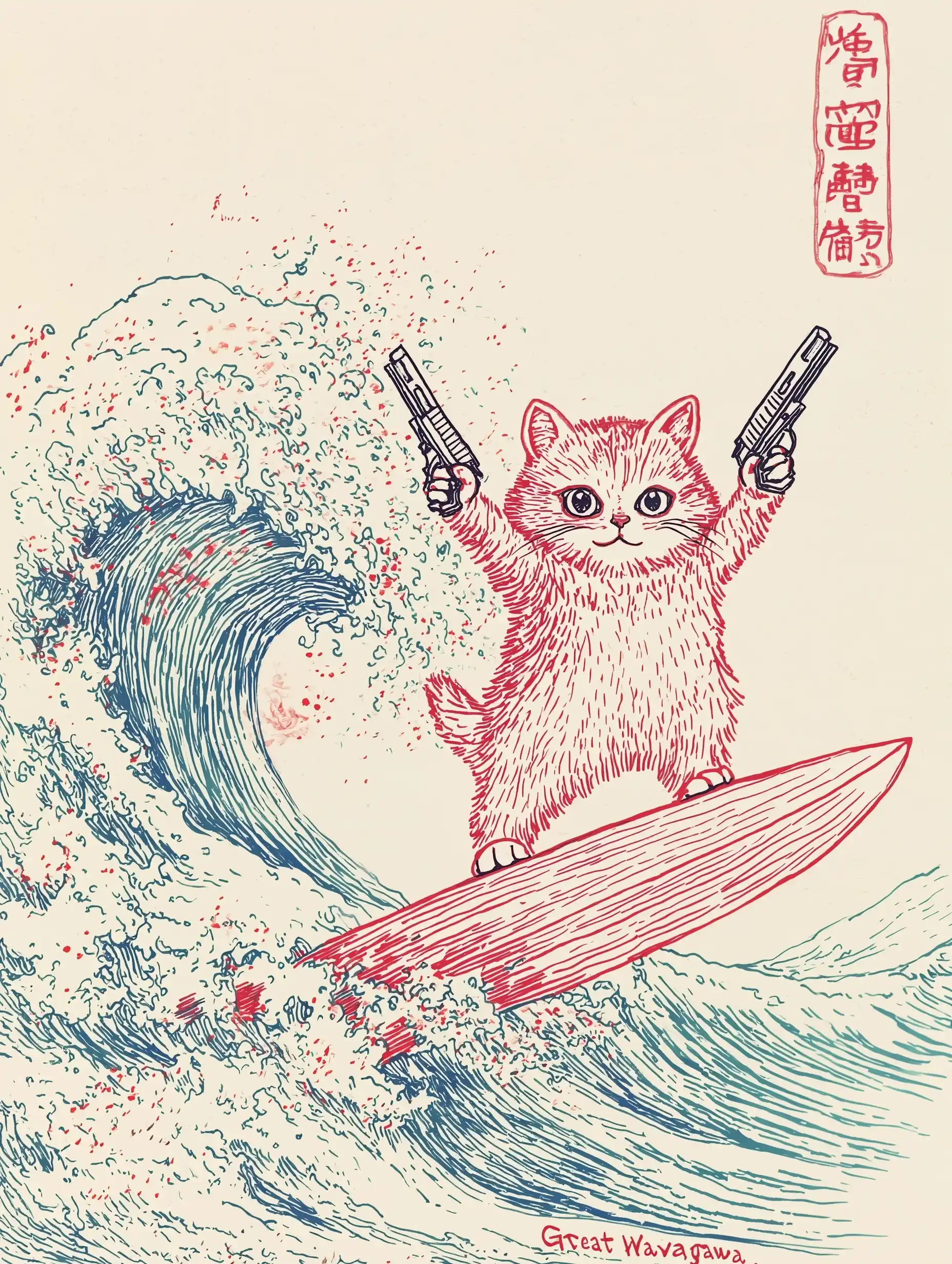 Persian Cat Surfing Wave Midjourney提示词