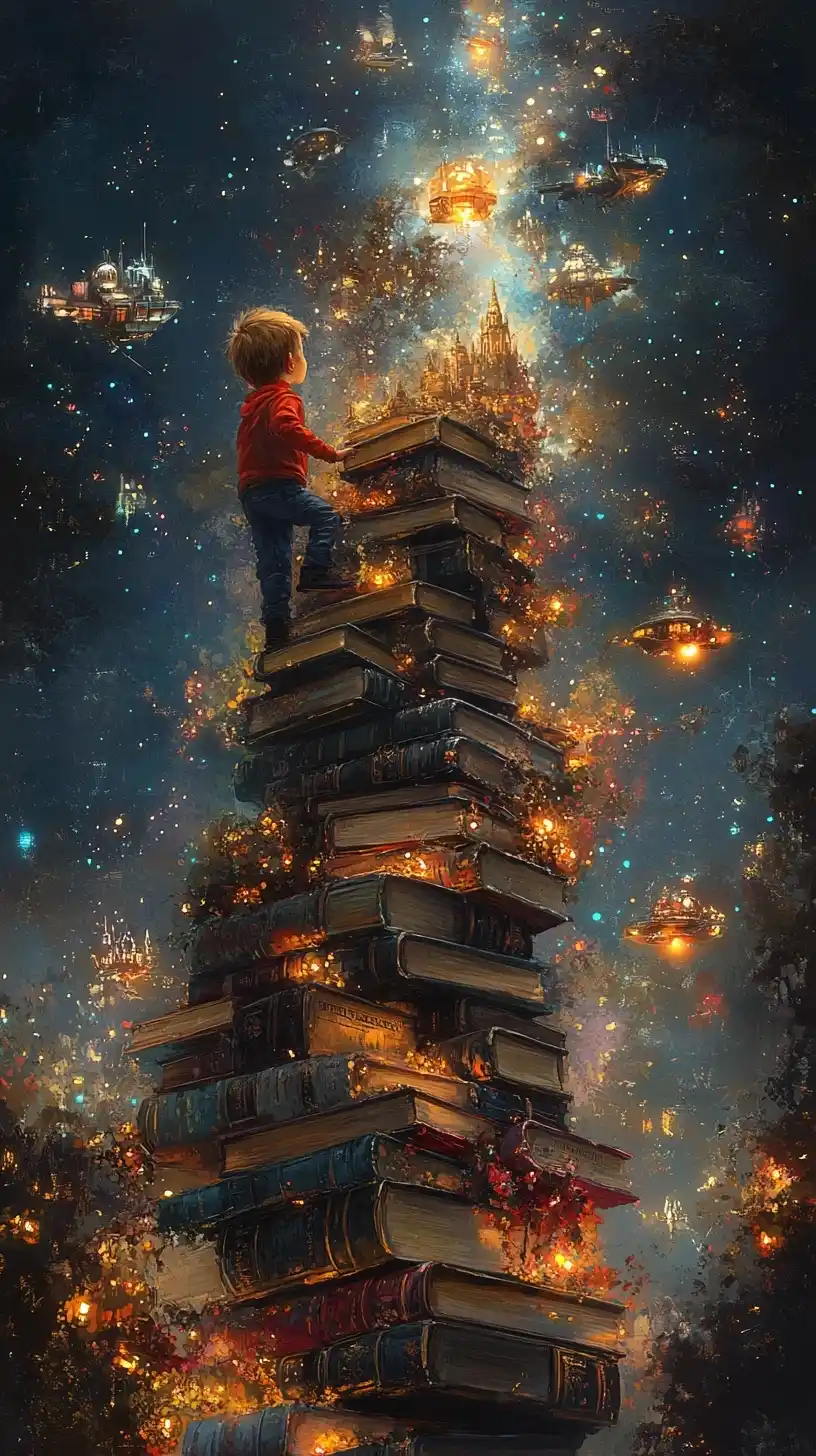 Fantasy Climb Through Books Midjourney提示词