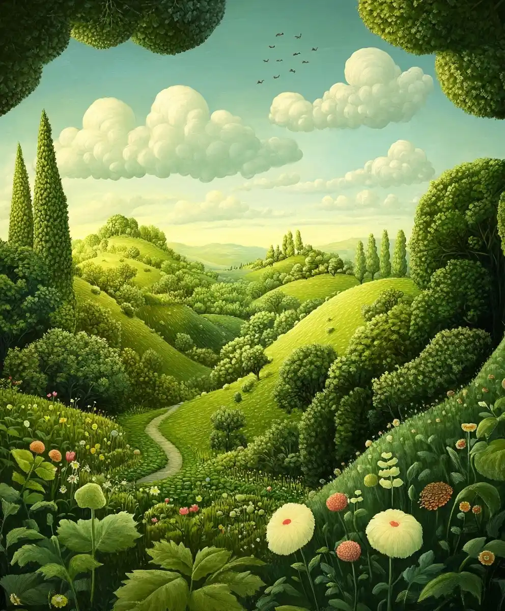 Surreal Countryside with Greenery Midjourney提示词