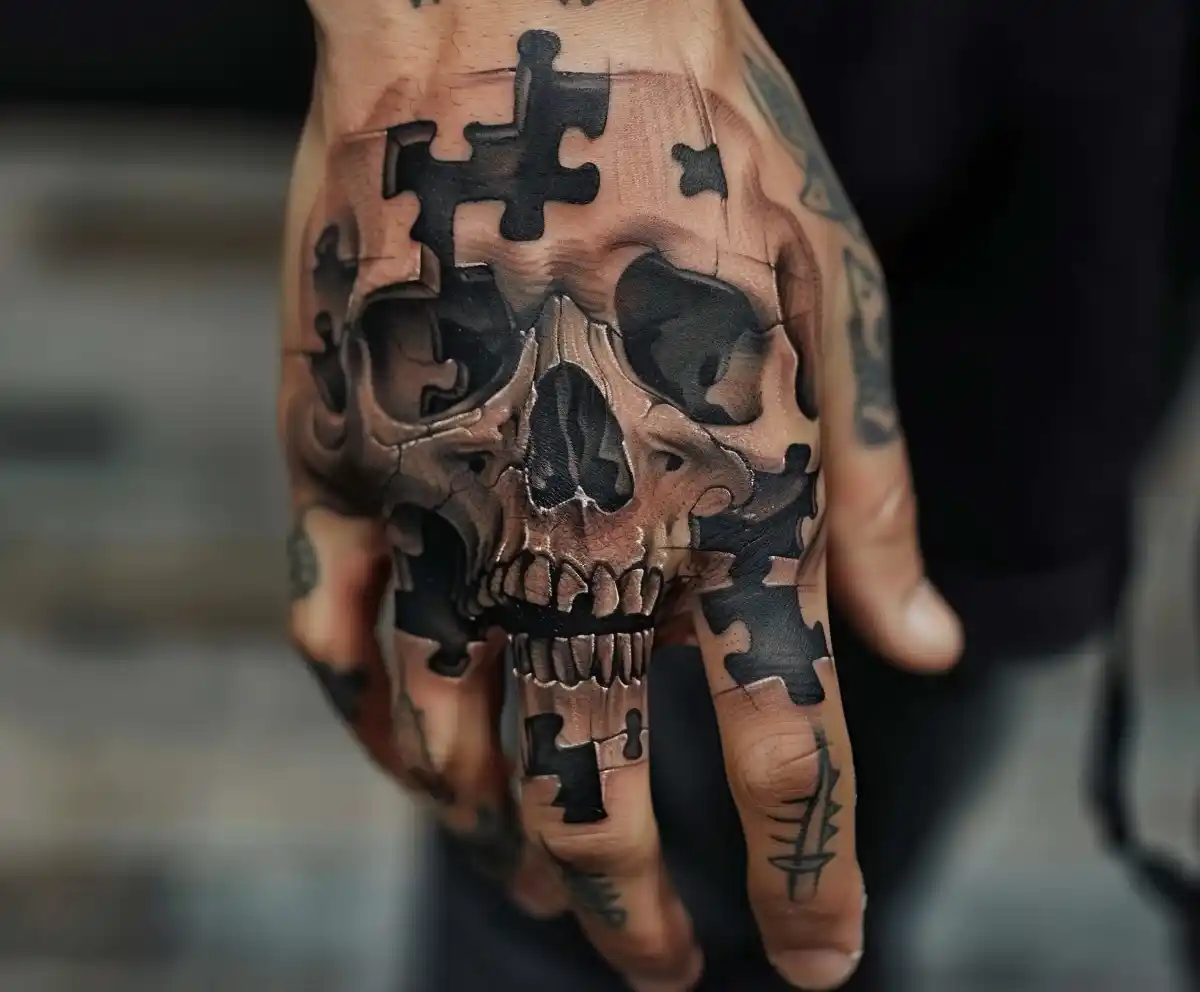 Realistic Skull Puzzle Tattoo Midjourney提示词