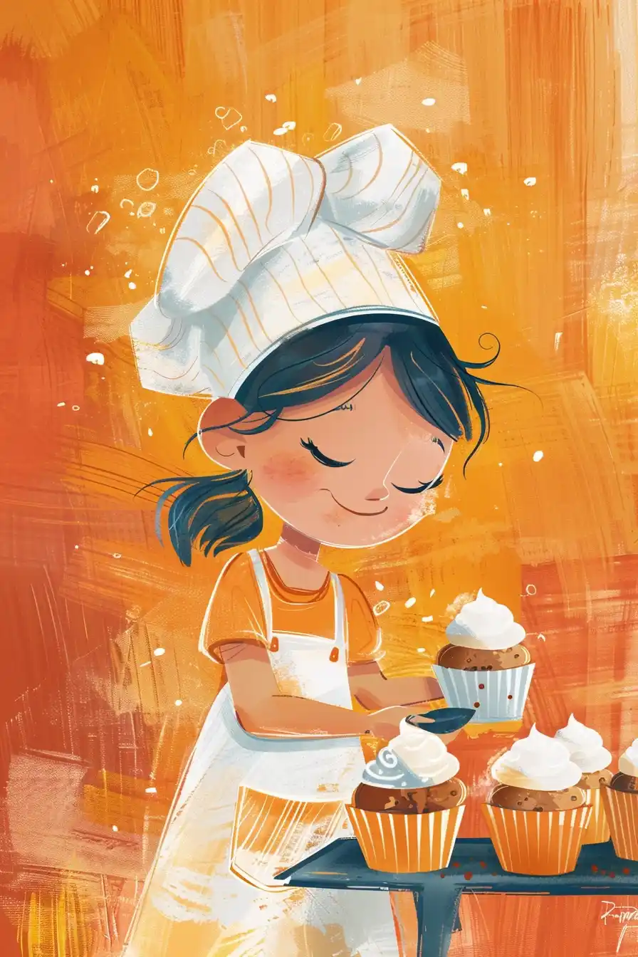 Cartoon Child Baking Cupcakes Midjourney提示词
