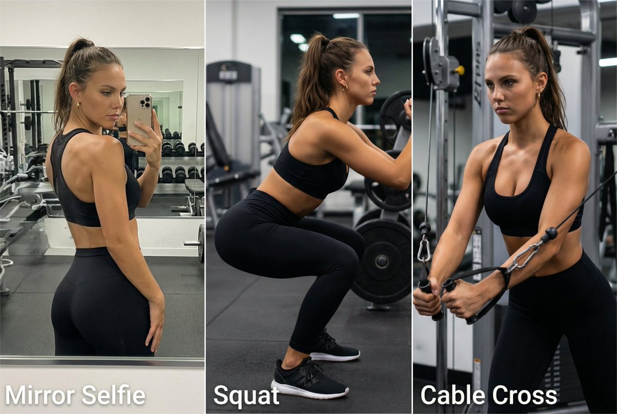 Fit Woman Gym Workout - Squat & Cable Cross Fitness Nano Banana提示词