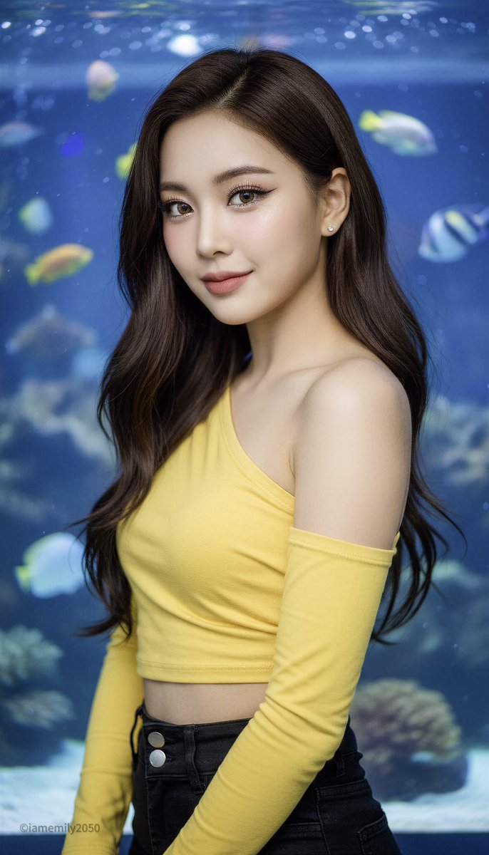 Photorealistic Portrait of Woman in Aquarium - Yellow Top Nano Banana提示词