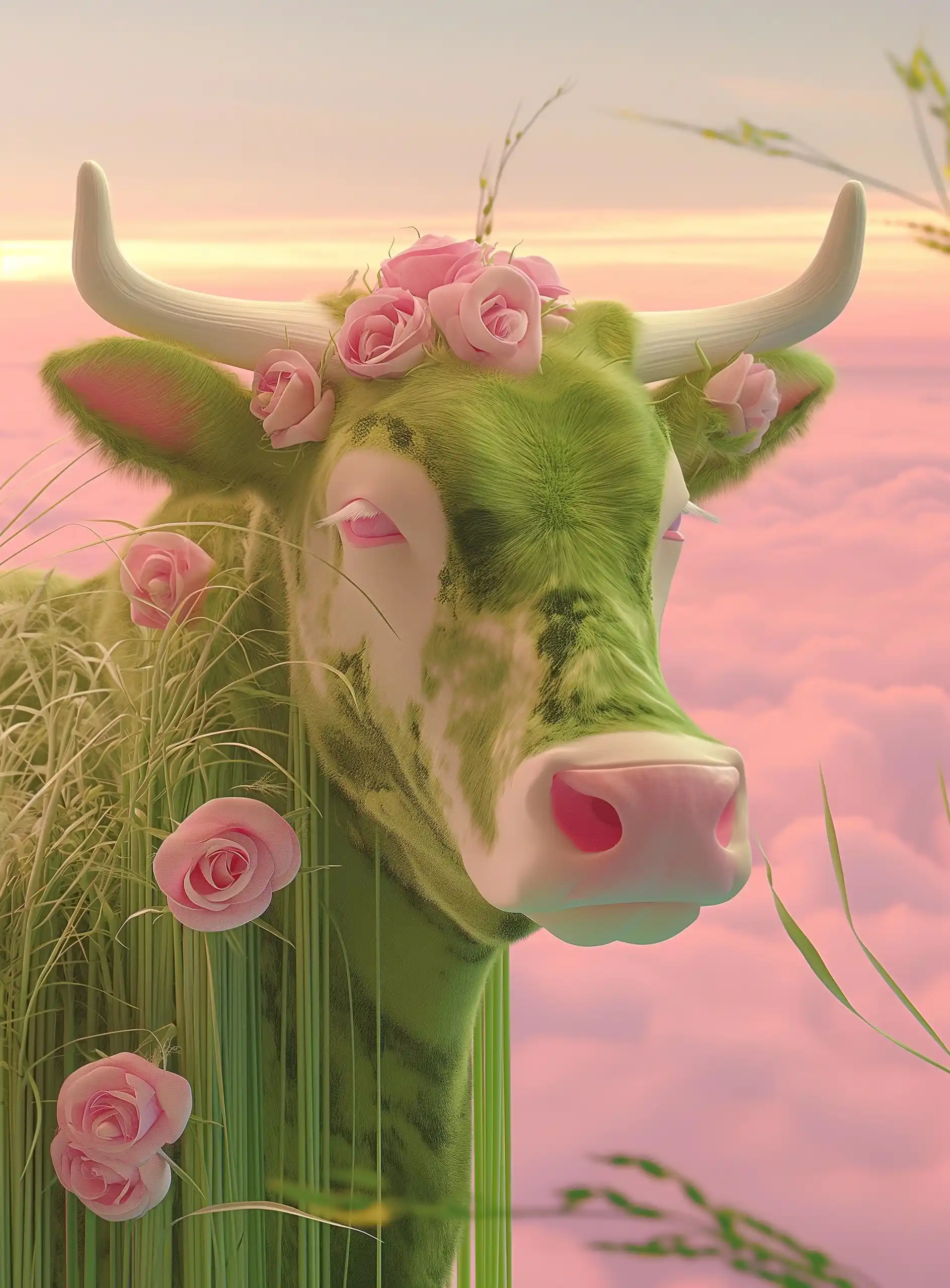 Grass Cow in LaChapelle-esque Dreamscape Midjourney提示词