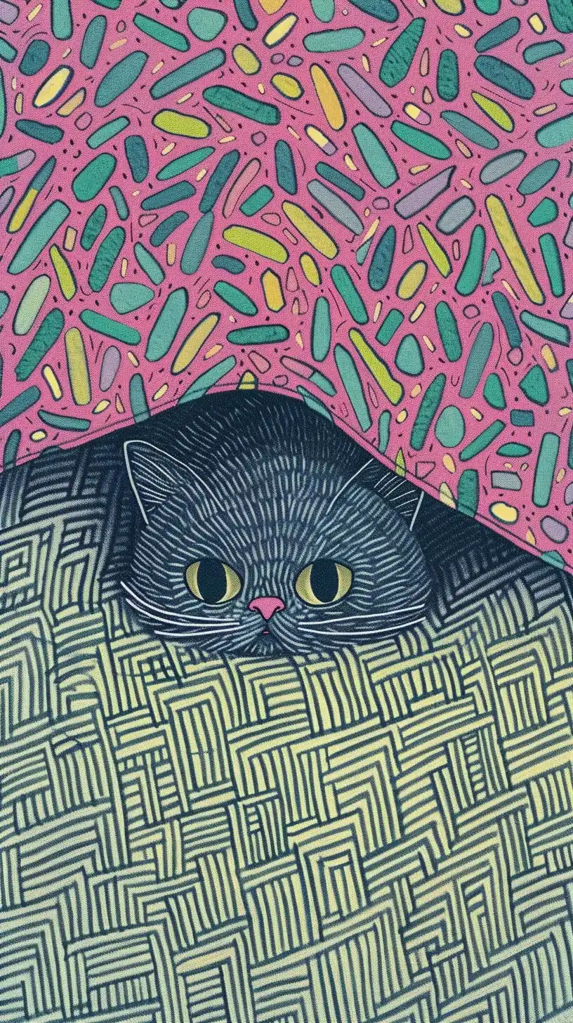 Cute Cat Under Covers Illustration Midjourney提示词