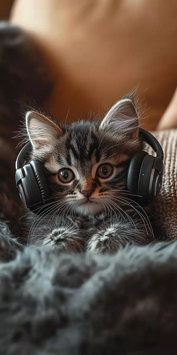 Fluffy Kitten with Earbuds Midjourney提示词