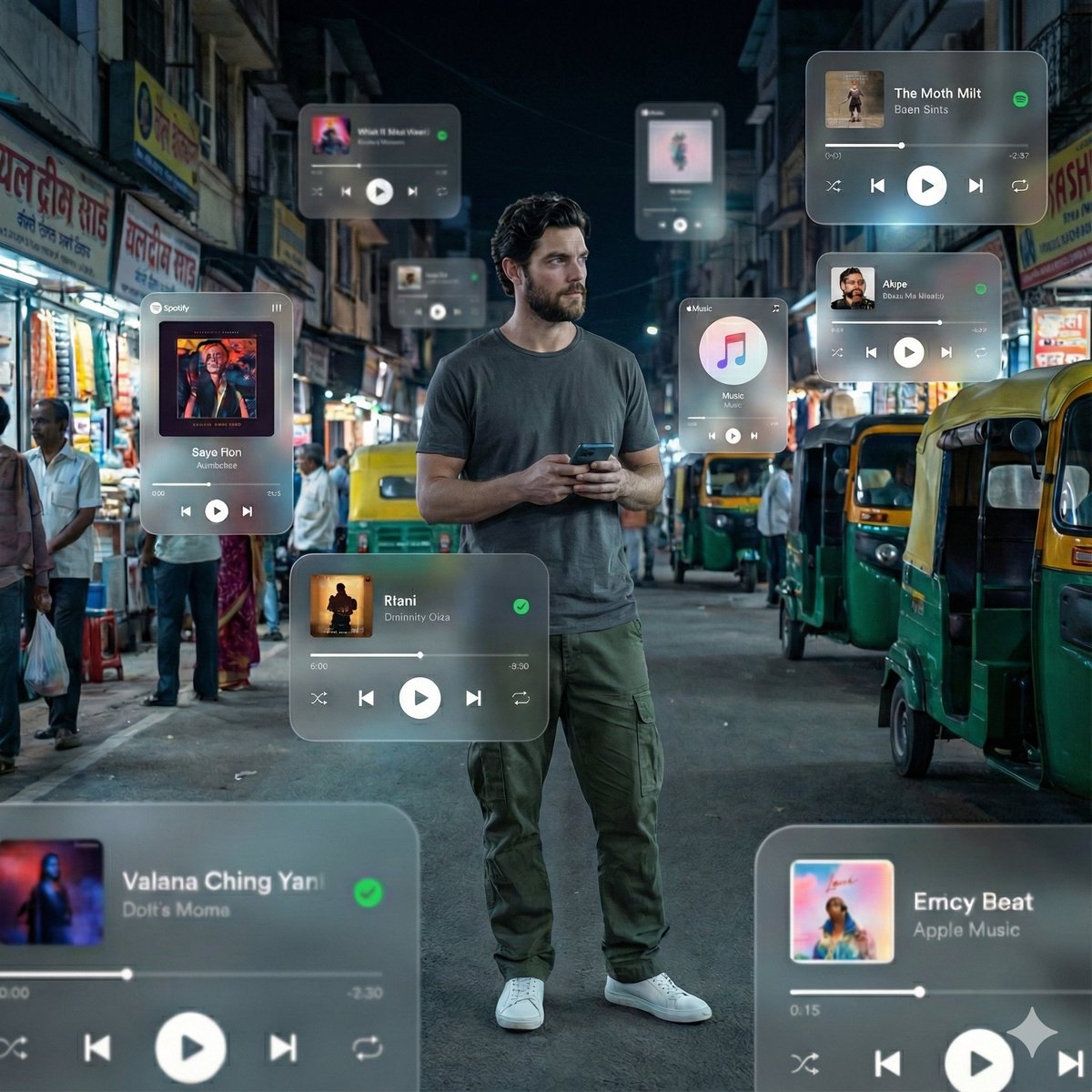 Man with Augmented Reality Music Players on Urban Street Nano Banana提示词
