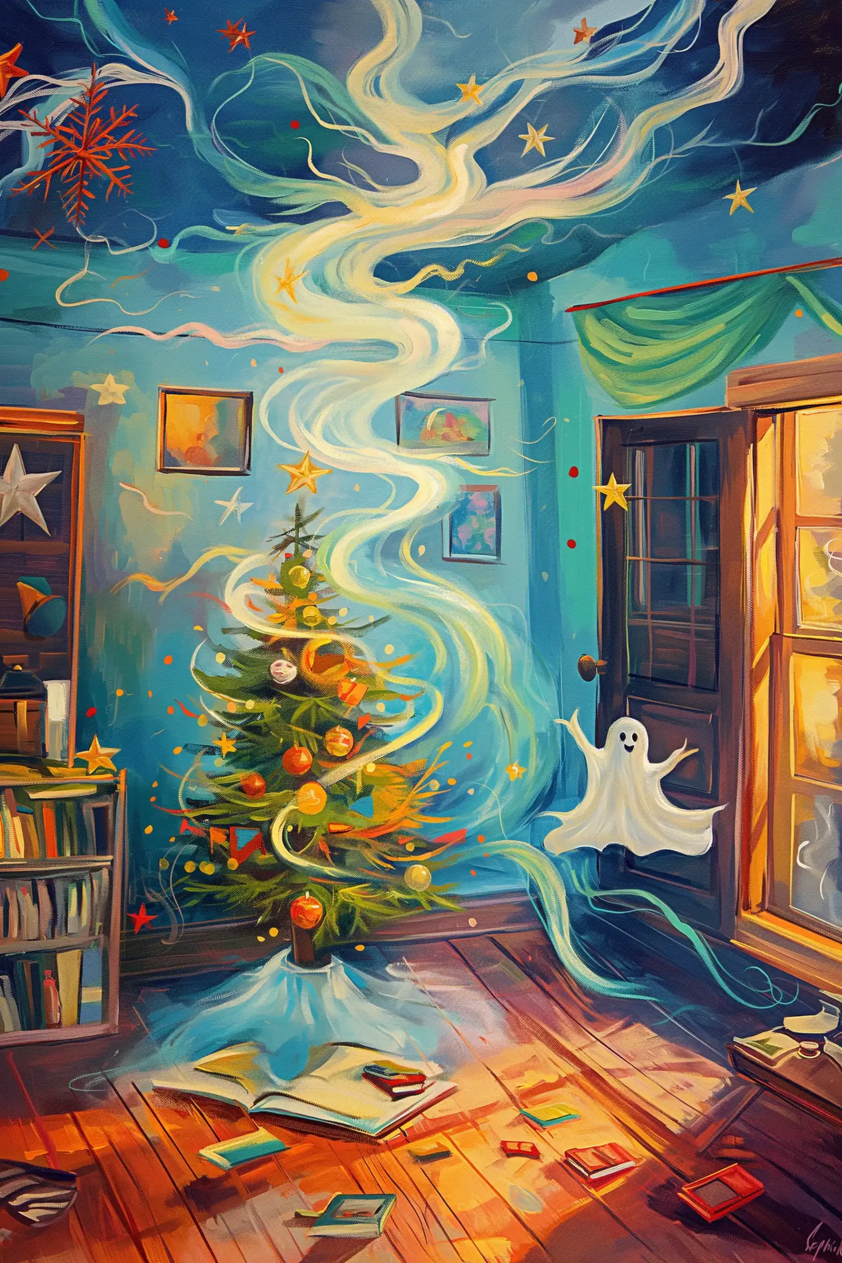Colorful Christmas Tree Friendly Ghost Midjourney提示词