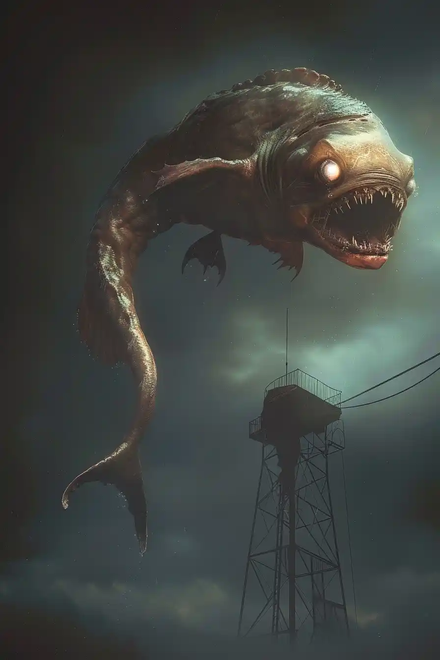 Monstrous Leviathan Approaching Tower Midjourney提示词