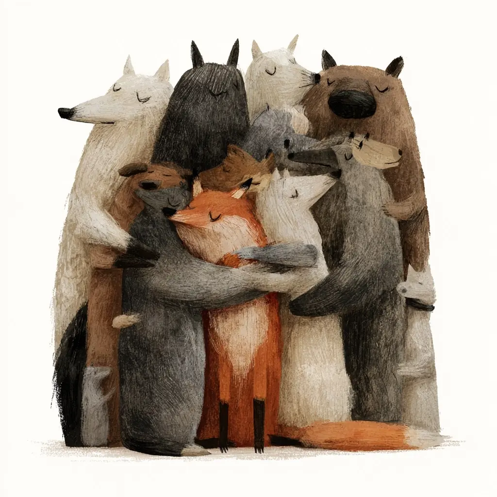 Animals Embracing Fox Illustration Midjourney提示词