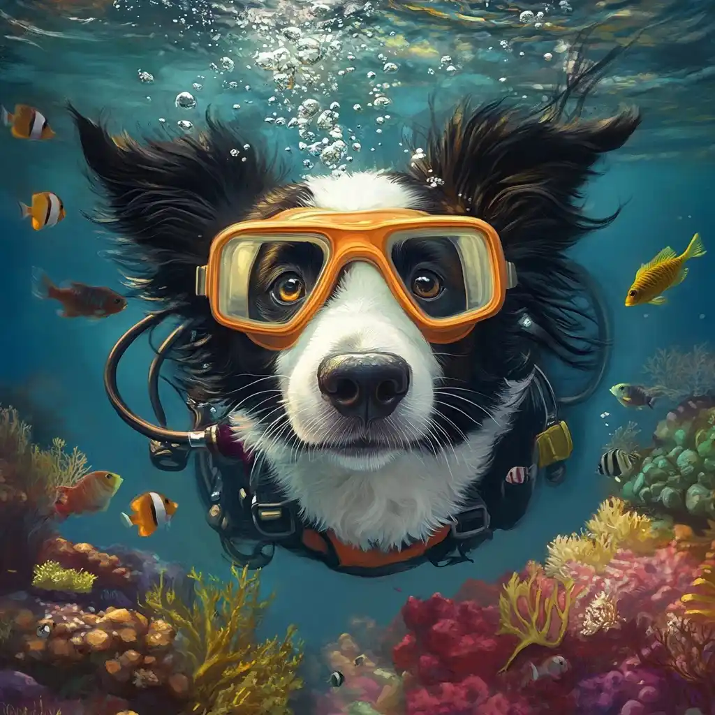 Photorealistic Collie Underwater Midjourney提示词