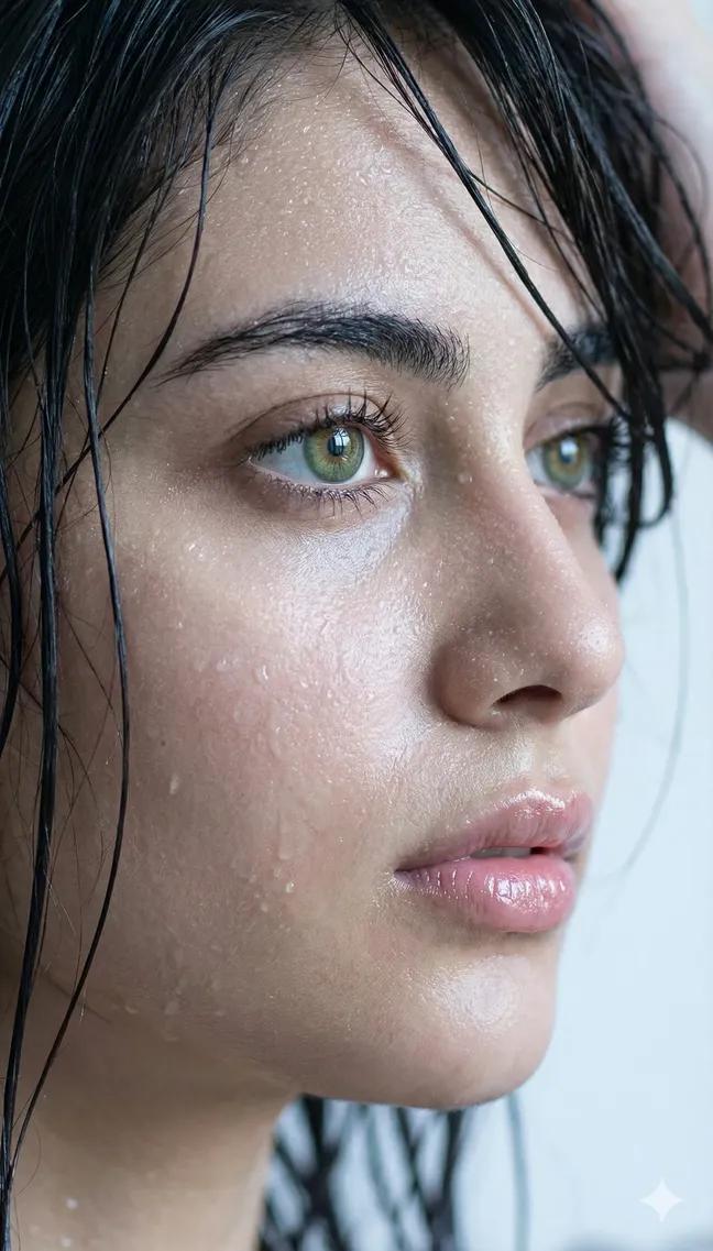 Wet Face Portrait: Woman with Green Eyes & Natural Beauty Nano Banana提示词