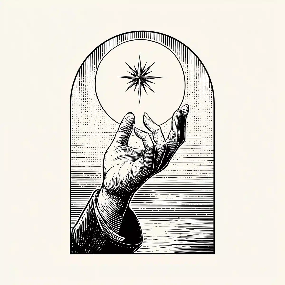 Vintage Lineart Hand Reaching Star Midjourney提示词
