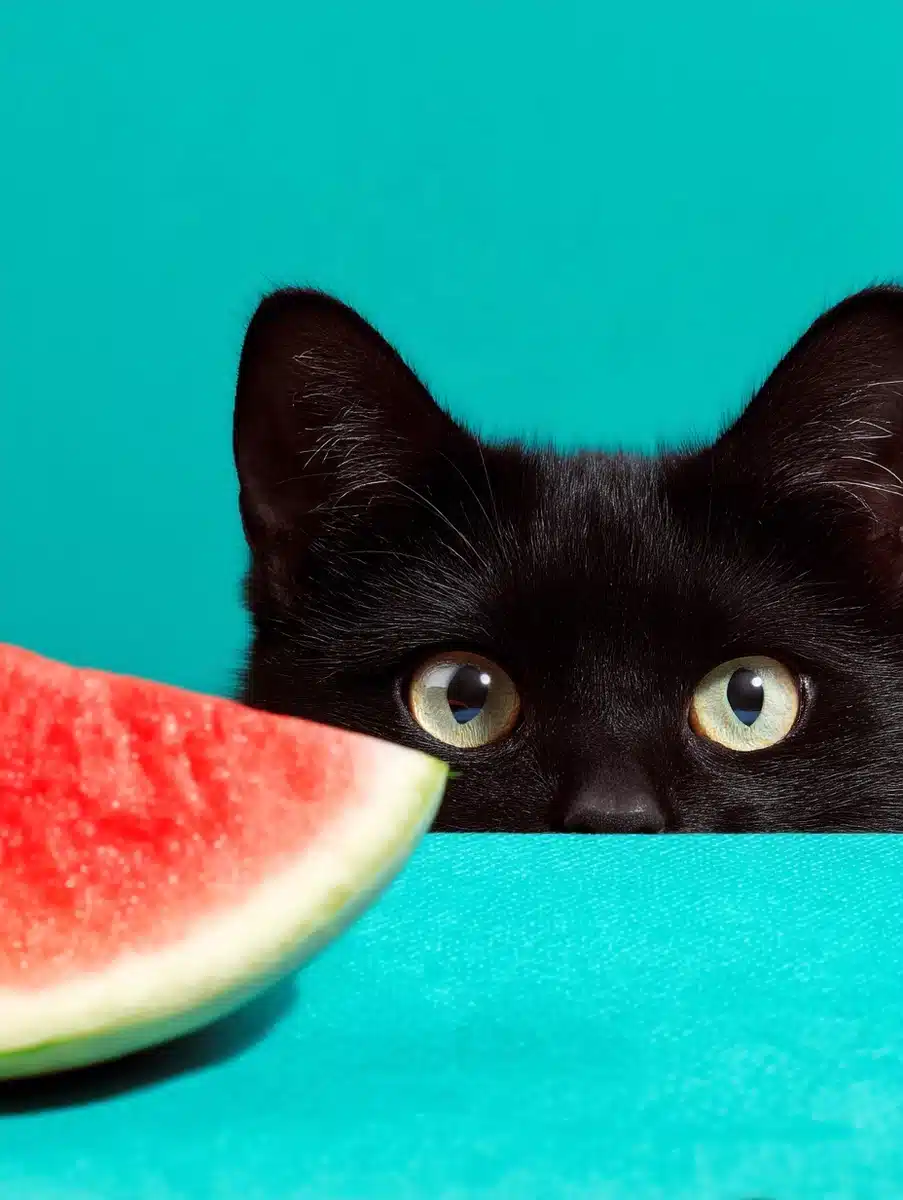 Black Cat Behind Watermelon Midjourney提示词