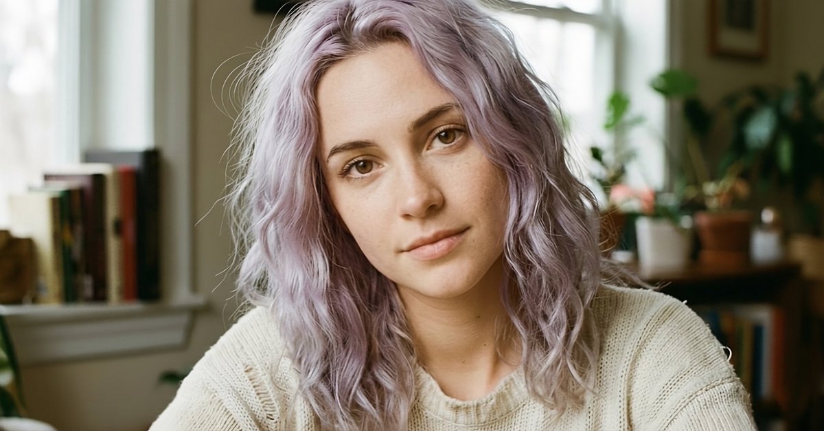 Lavender Hair Woman Portrait - Natural Light Photography Nano Banana提示词
