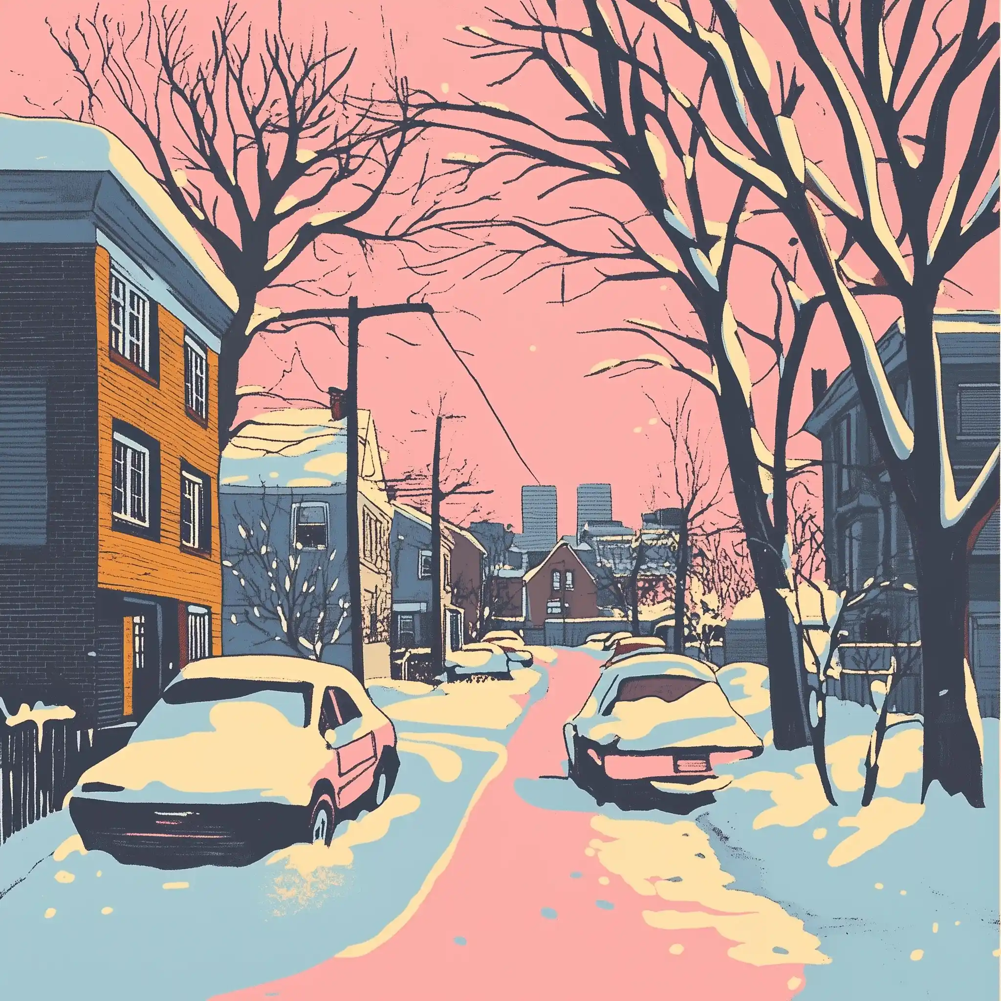 Montreal Winter in Risograph Midjourney提示词