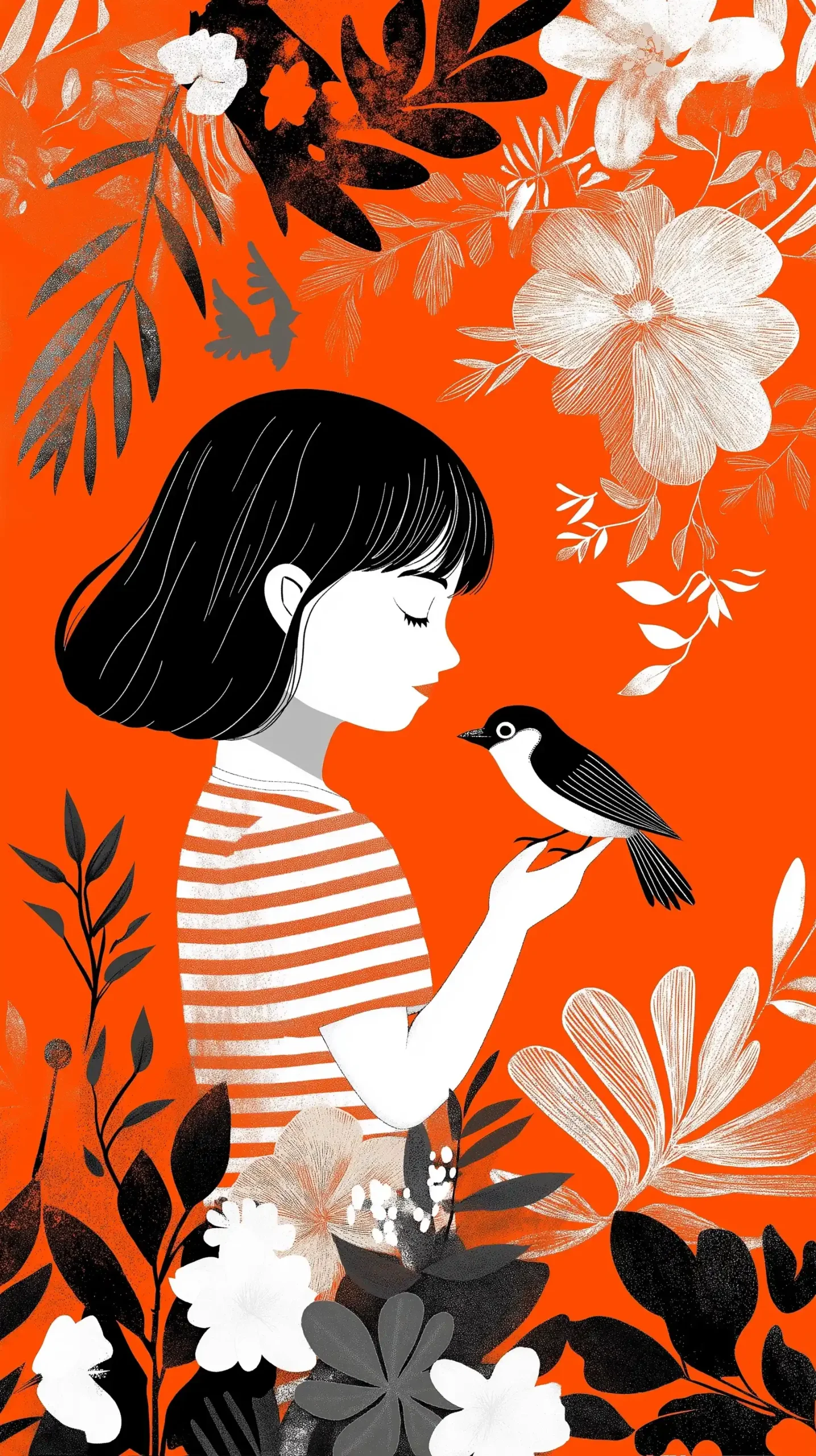 Striped Girl with Bird Midjourney提示词