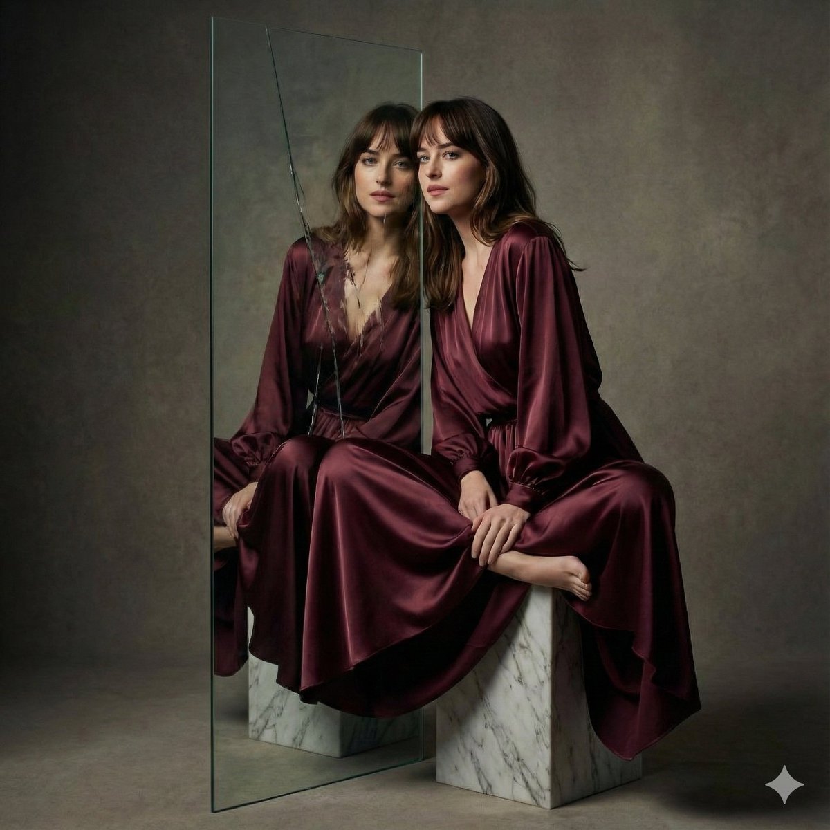 Elegant Woman Portrait with Mirror Reflection in Maroon Dress Nano Banana提示词
