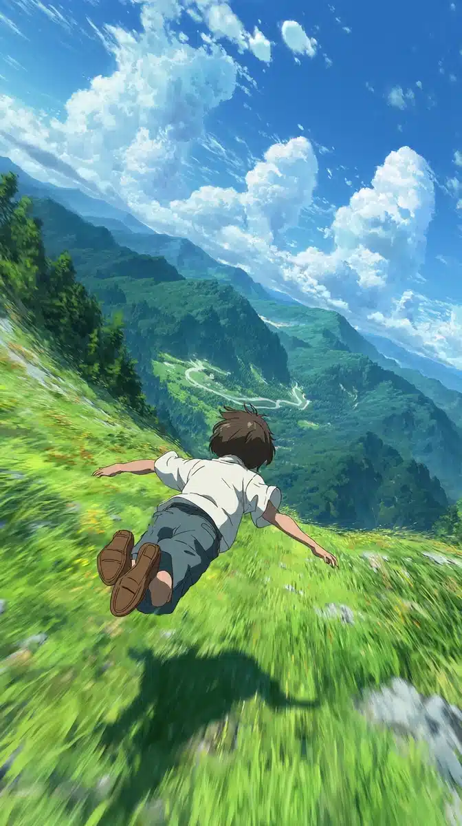 Anime Boy Gliding Over Valley Midjourney提示词