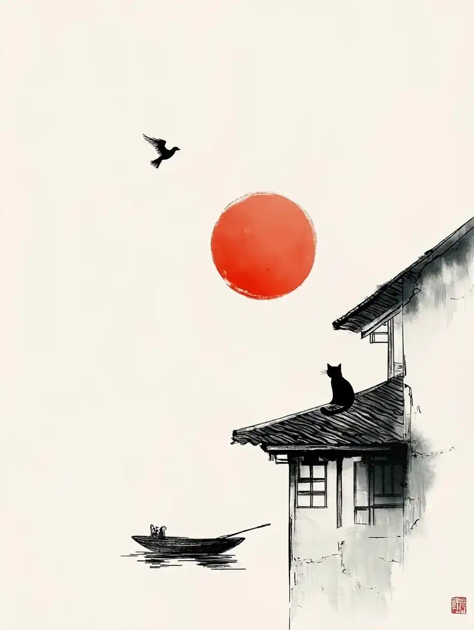 Minimalist Cat on Eaves Midjourney提示词