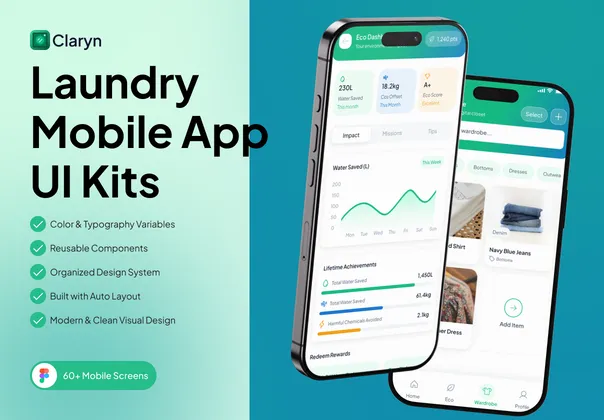 环保洗衣订阅App UI套件（Claryn），Claryn – Eco Laundry & Subscription Mobile UI Kit