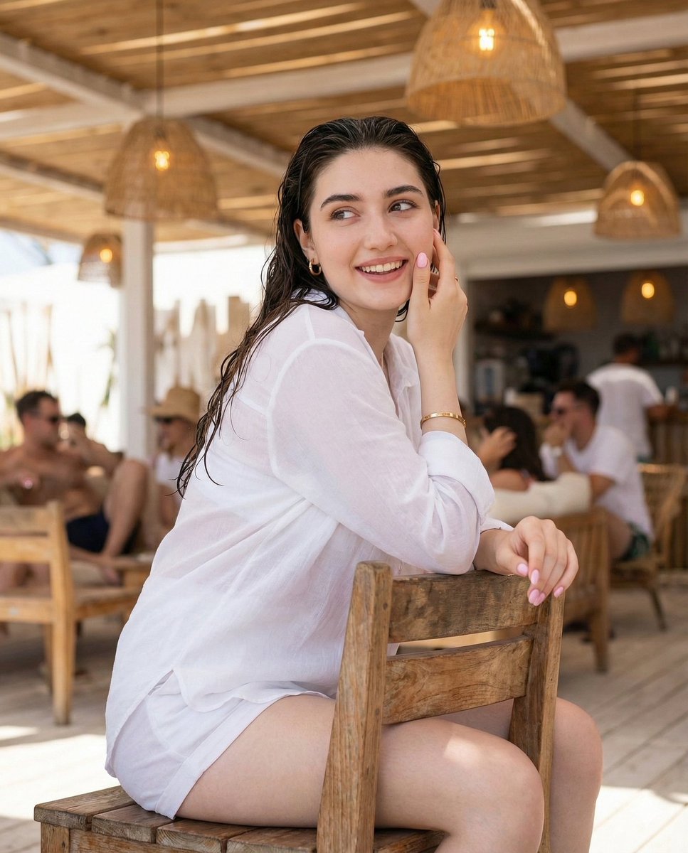 Smiling Woman in Summer Fashion at Beach Cafe Nano Banana提示词