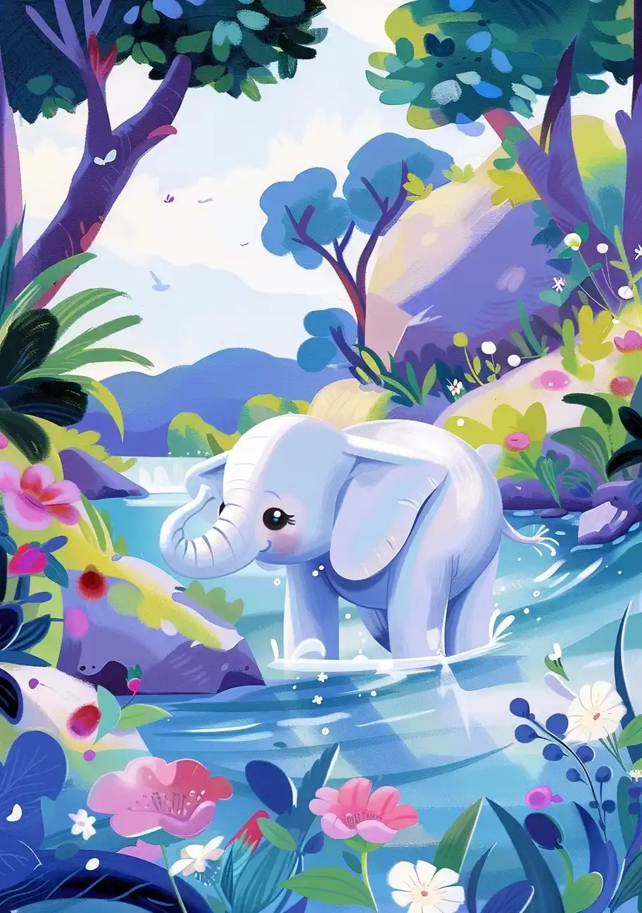 Cartoon Elephant River Crossing Midjourney提示词