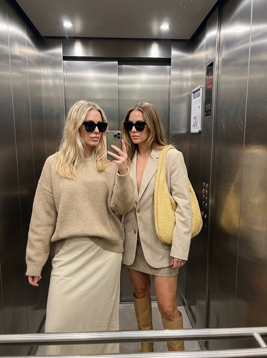 Stylish Women Elevator Selfie: Modern Fashion Outfits Nano Banana提示词