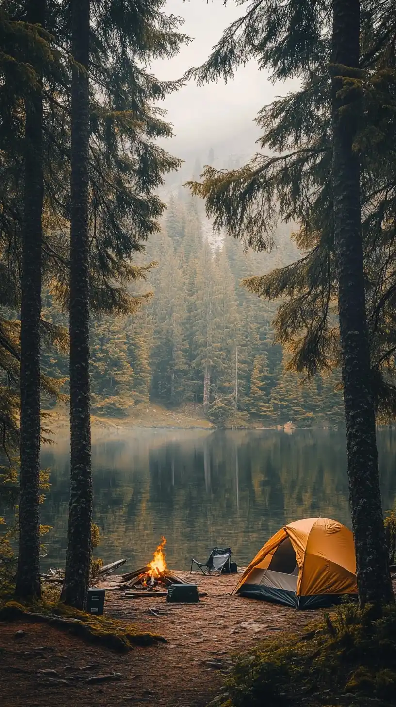 Realistic Campsite by Lake Midjourney提示词