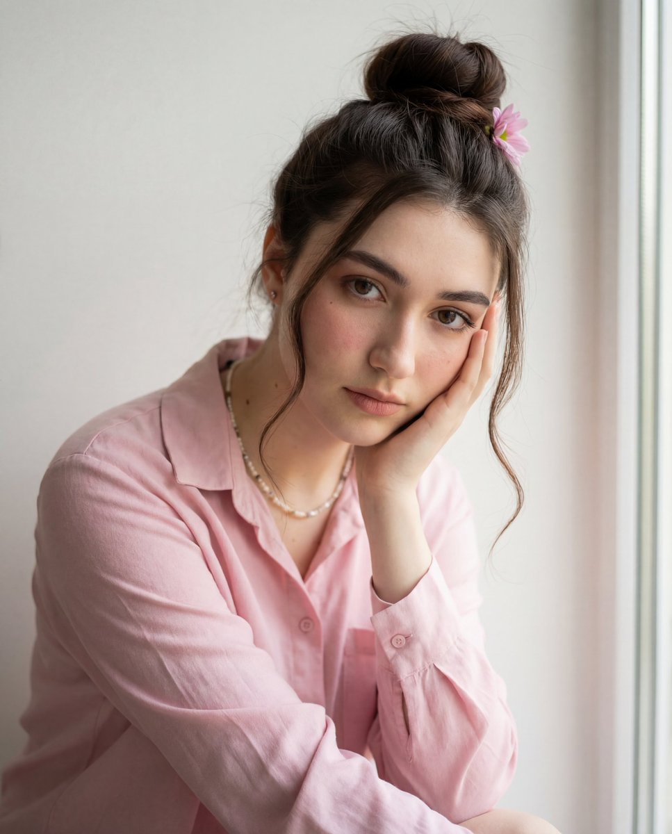 Young Woman Portrait - Pink Shirt, Natural Light, Serene Nano Banana提示词