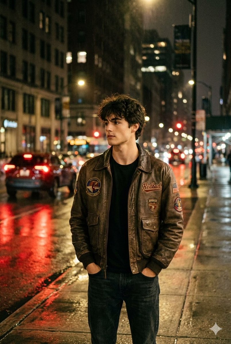 Young Man Portrait in Leather Jacket on Rainy City Street Nano Banana提示词