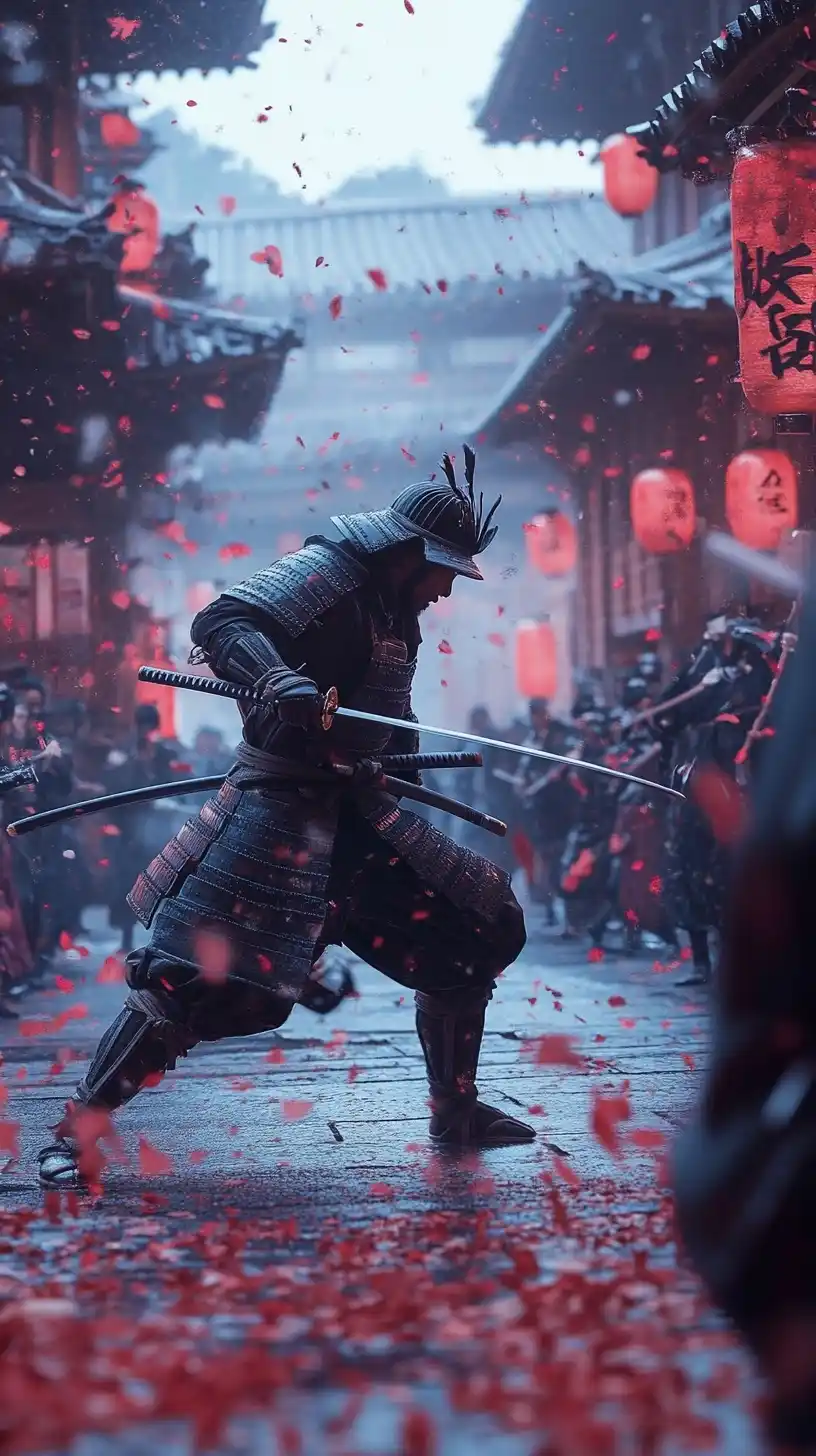 Realistic Samurai Street Attack Midjourney提示词