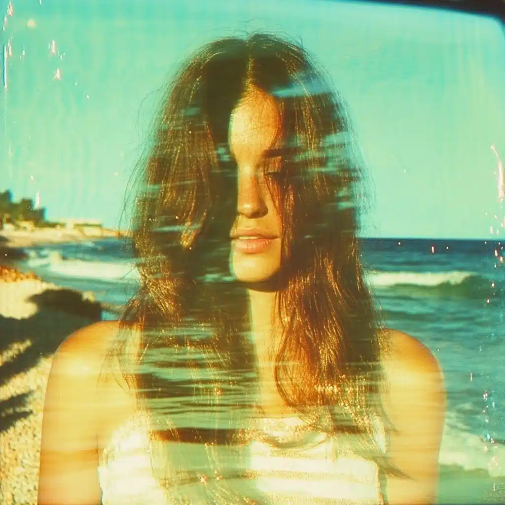 Lomo-Style Woman on Beach Midjourney提示词