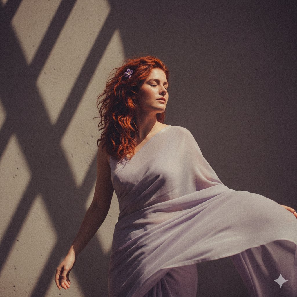 Elegant Redhead in Lavender Dress with Dramatic Shadows Nano Banana提示词
