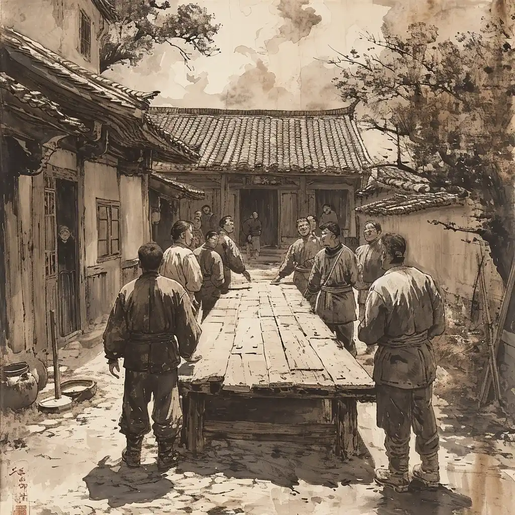 Chinese Village Meeting Cartoon Violence Midjourney提示词