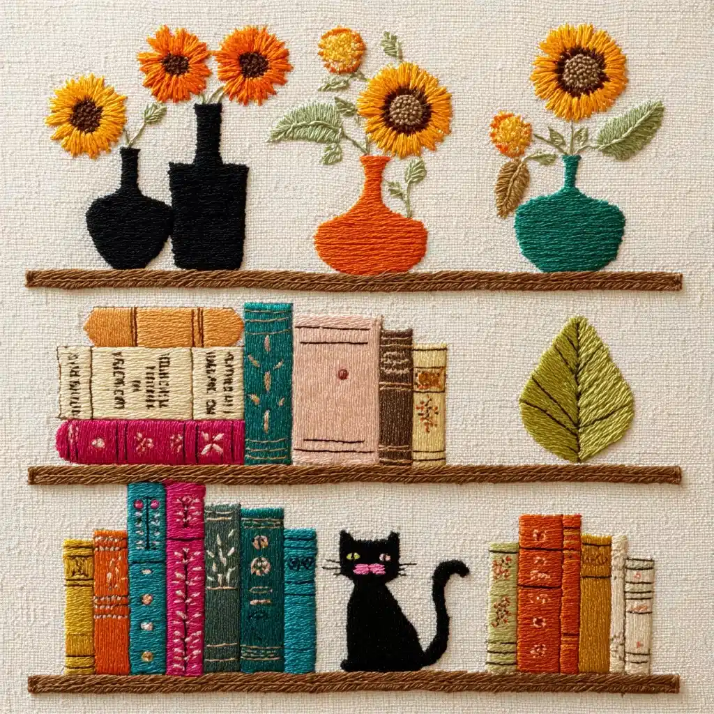 Embroidered Shelves with Vases Midjourney提示词