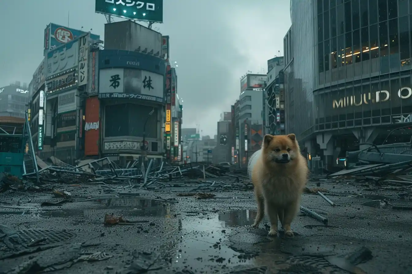 Ruined Shibuya Pomeranian Midjourney提示词