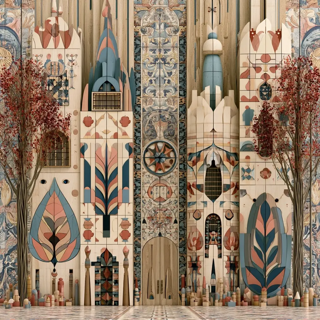SciFi Wooden Maiolica Building Midjourney提示词