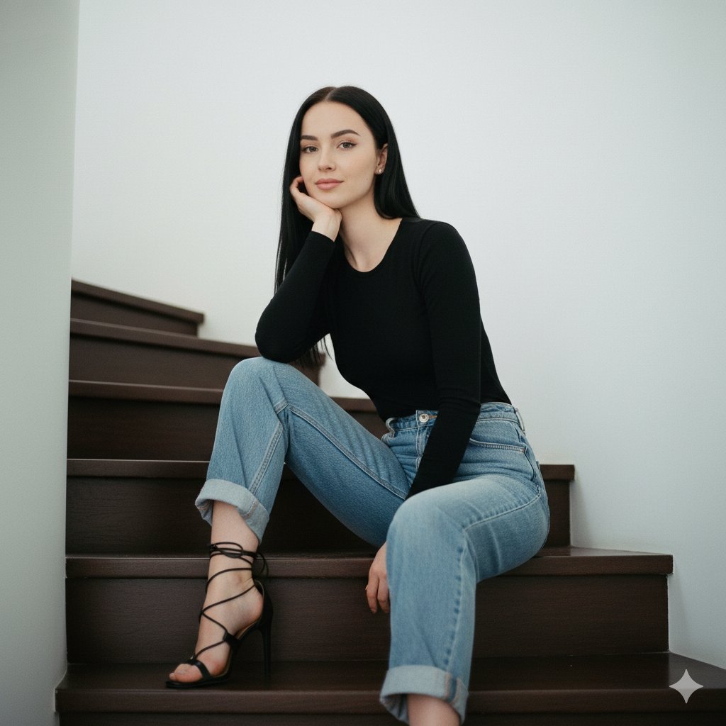 Stylish Woman Fashion Portrait: Casual Jeans & Heels Nano Banana提示词