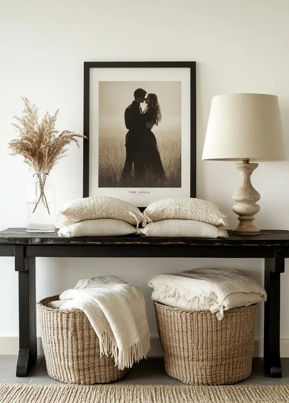 Minimalist Console Table Arrangement Midjourney提示词