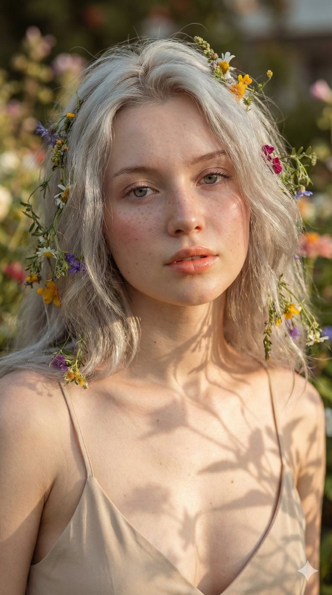 Photorealistic Portrait of Woman with Flowers in Hair Nano Banana提示词