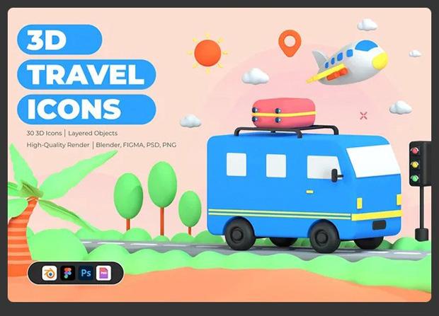 30 3D Icons Illustration Travel and Vacation