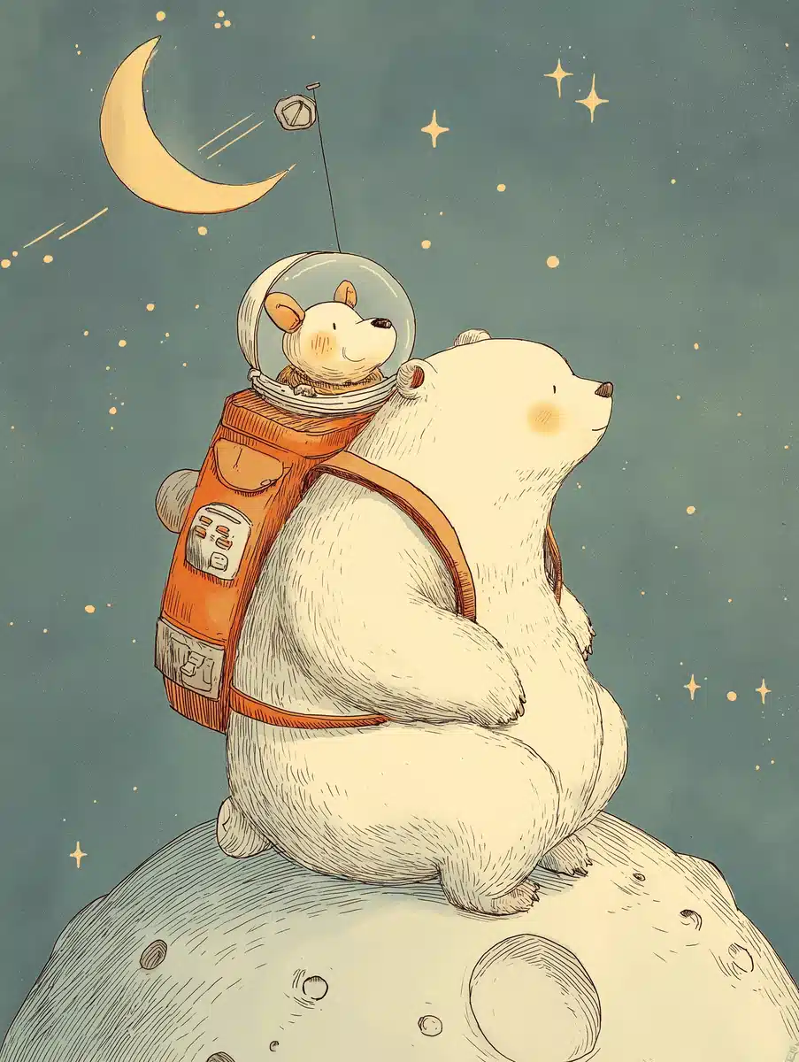 Kawaii Bear and Puppy in Space Midjourney提示词