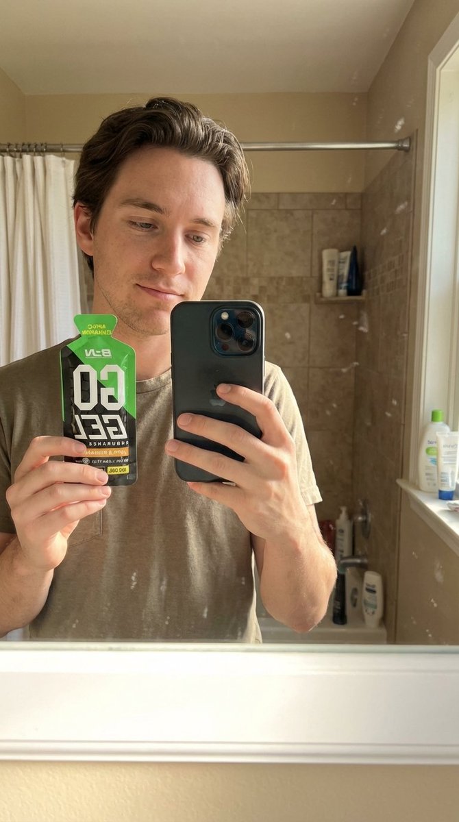 Man with Energy Gel: Photorealistic Product Selfie Nano Banana提示词