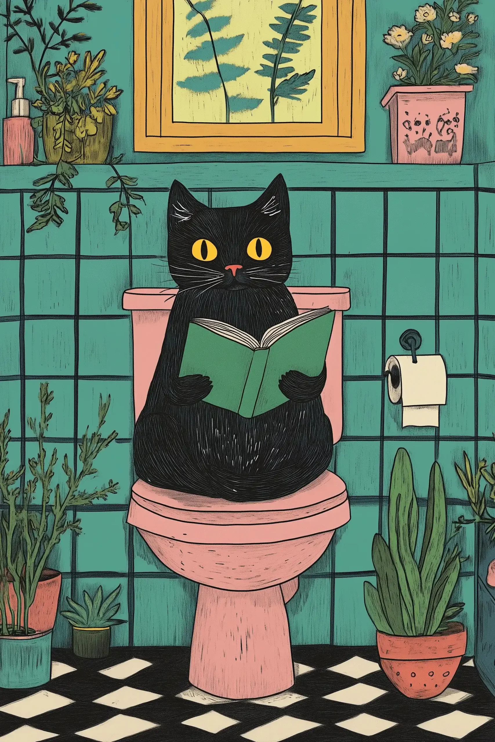 Whimsical Cat Reading Bathroom Midjourney提示词