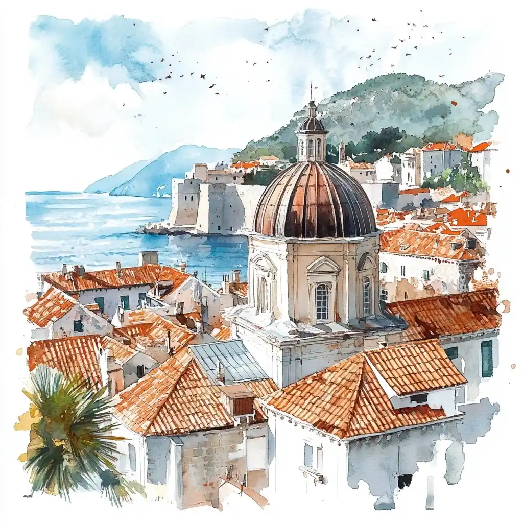 Watercolour Dubrovnik Landscape Midjourney提示词