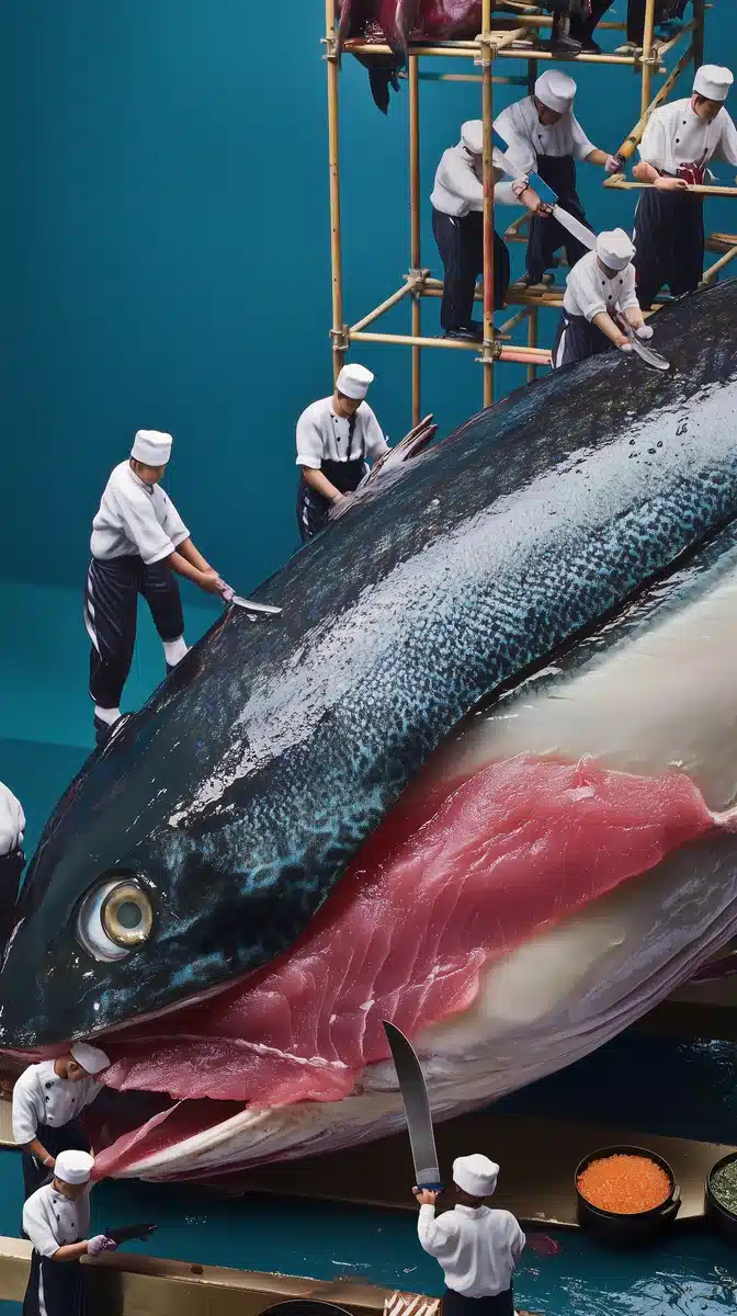 Macro Photography of Chefs Slicing Fish Midjourney提示词