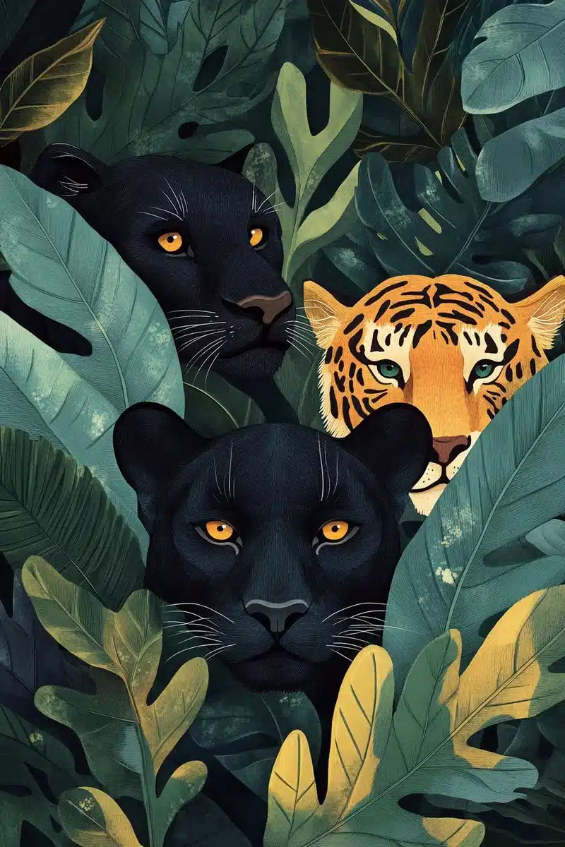 Whimsical Big Cats in Jungle Midjourney提示词