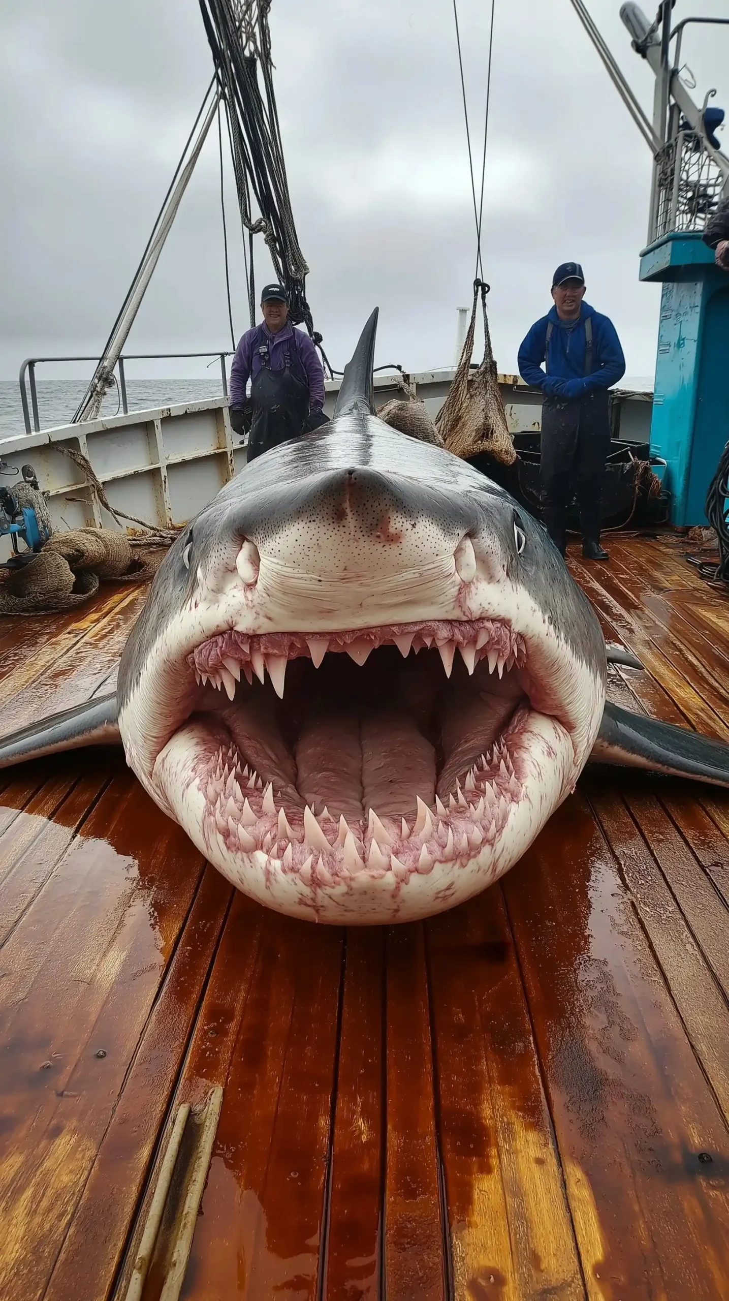 Megalodon Caught by Fishermen Midjourney提示词