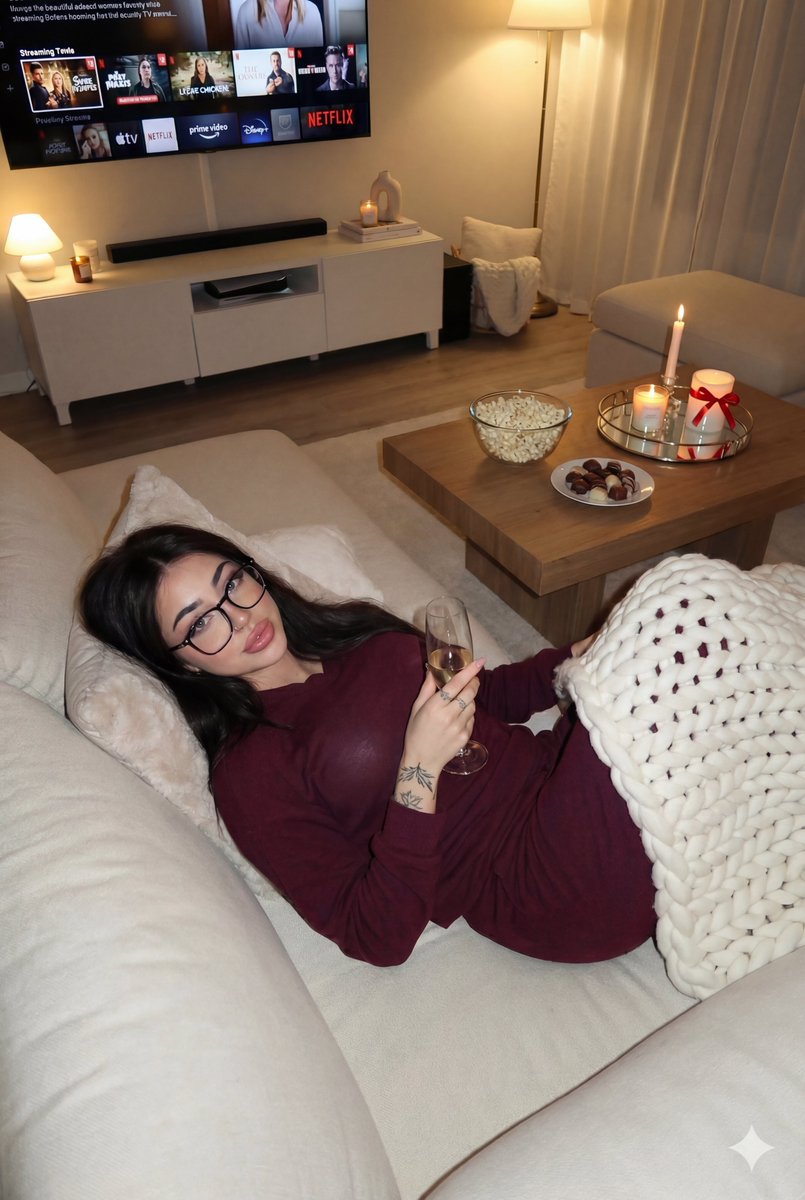 Cozy Night In: Woman Relaxing on Sofa with Wine & TV Nano Banana提示词